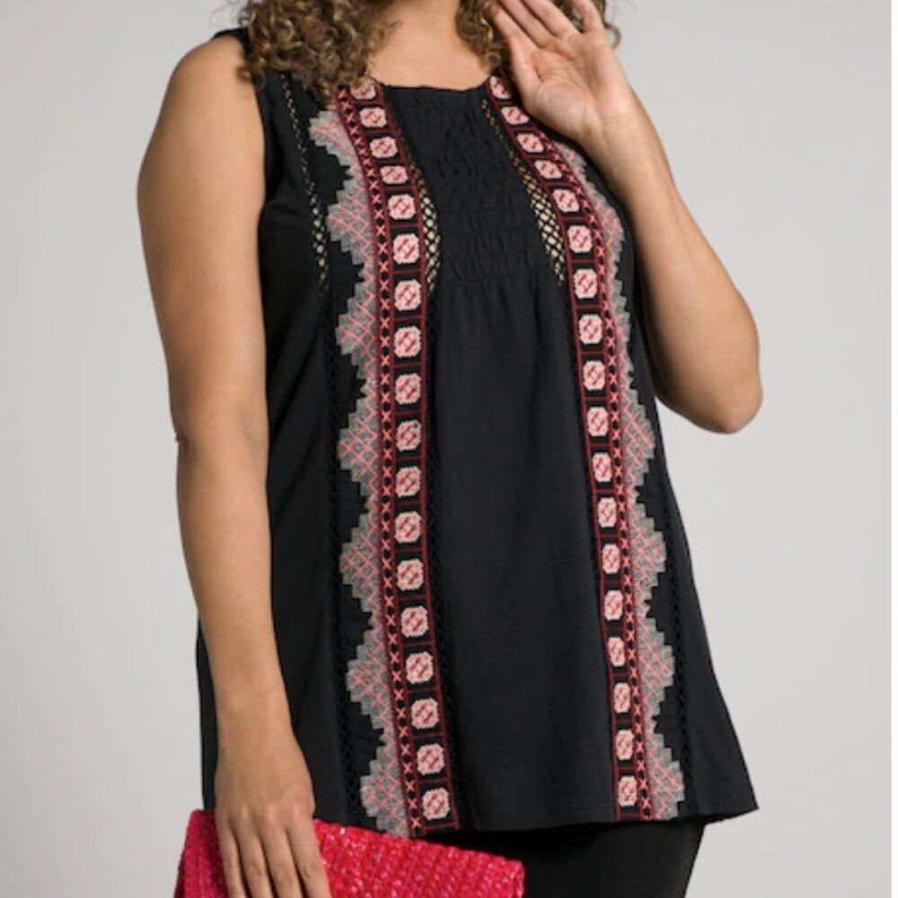 Ulla Popken Black Charming Details Embroidery Cotton Knit Tank Size 32/34 - Picture 1 of 9